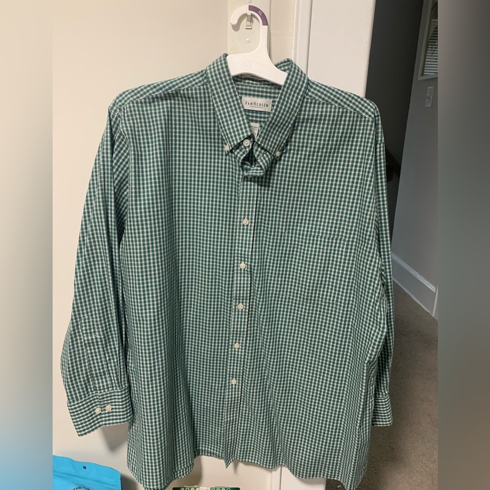 Green and white checkered button down.